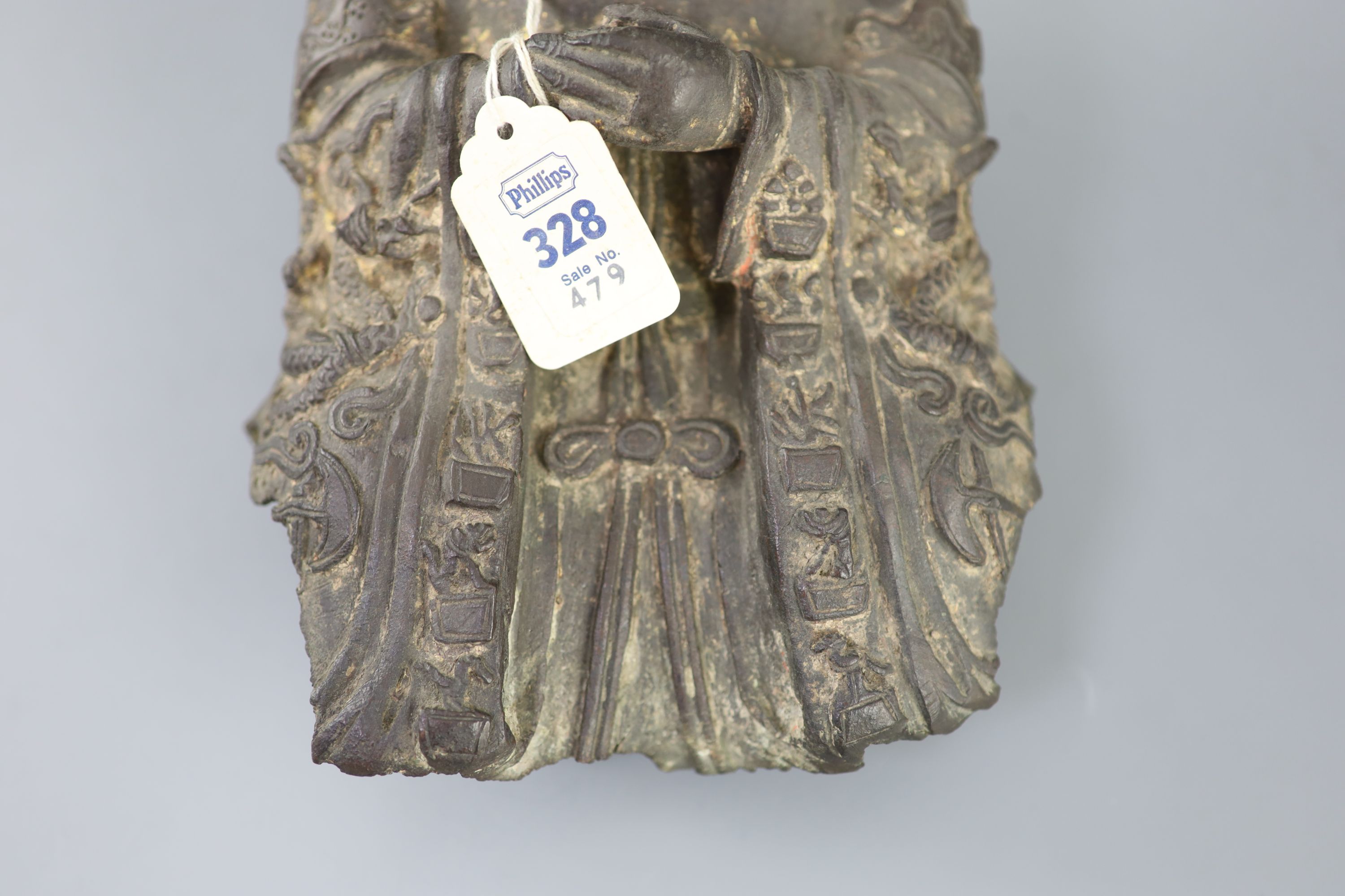 A Chinese Daoist bronze seated figure of Wenchang Wang, late Ming dynasty, 27.5cm high, losses, Provenance - A. T. Arber-Cooke